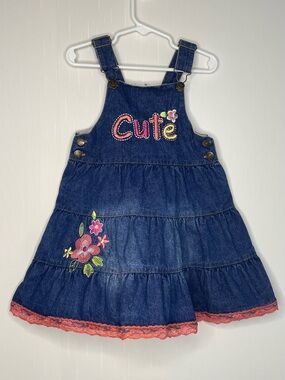 VTG Young Hearts Denim Jumper Overall Dress 2T Cute Embroidered Tiered Lace 2T